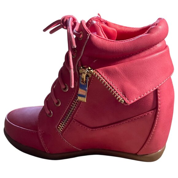 Lucky Top Girls Pink Wedge Sneakers | Lace-Up Leatherette Shoes with Side Zipper - Picture 3 of 7